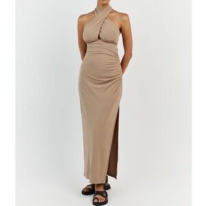 DISSH Amalfi Maxi Dress Bodycon Taupe Halter Ruched Plunge Stretch Rayon Size M